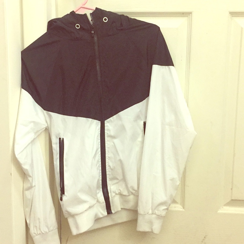 A black and white zip-up hoodie